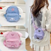 Resim 1 adet Ayarlanabilir Askılı Sanrio Kawaii Kadife Çapraz Vücut Çantası - Hafif Dayanıklı Kumaş, Fermuarlı Kapama, Okul, Partiler, Günlük Gezintiler için Sevimli Karikatür Karakterleri ve Kalp Aksesuarları (Parlak Pembe/Gökyüzü Mavi/Lavanta), Moda Çanta | Karikatür Karakter Çantası | Kadife Malzeme 