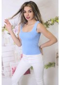 Resim Fashion Cocktail Kare Yaka Triko Kadın Bluz Crop Gök Mavisi Mavi 