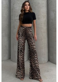 Resim Lesa Wear Leopar Desenli Yumuşacık Yüksel Bel Geniş Paça Likralı Jarse Pantolon Flared Leopar 