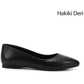 Resim Gönderi R Siyah Sivri Burun Düz Taban Hakiki Deri Babet Siyah 