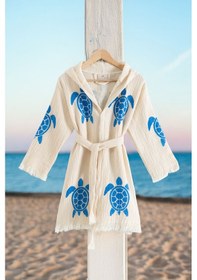 Resim Varol %100 Organik, El İşçiliği Taş Baskı Garson Boy Bornozu - Caretta Krem/9-10yas Krem - Mavi 