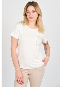 Resim Sistas Kadın Süs Cebi İnce Zincir İşlemeli Kısa Kollu Bisiklet Yaka Bluz 4277 Ekru Ekru 