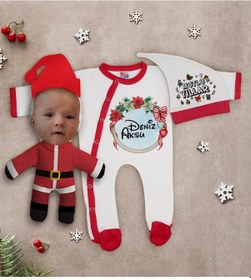 Resim Bk Gift Kişiye Özel Yılbaşı Temalı Tulum Zıbın Kukuletalı Şapka Ve Bebek Yastık Hediye Seti-2 Çok Renkli 