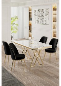 Resim Canisa Vals Serisi 80x130 Lak Panel Beyaz Mermer Desen Masa Takımı Gold Ayaklı 4 Siyah Sandalye Beyaz Mermer Desen Masa Sandalyeler Siyah 