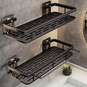 Resim 3 Parça Set - 2 Kancalı Siyah Duvar Askılı Raf, Delme Gerektirmeyen Ekstra Büyük Kapasiteli Banyo ve Mutfak Organizatörü, Tuvalet Malzemeleri, Kozmetik ve Çeşitli Eşyalar İçin Tasarruflu Yüzer Düzenleyici, Duş Askısı 