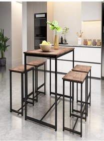 Resim UMUTPARK METAL AYAKLI MASİF AHŞAP YEMEK MASASI VE TABURESİ. 