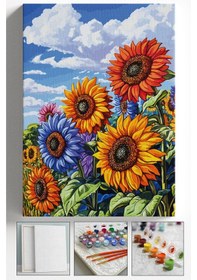 Resim Sayılarla Boyama Tuval Seti Fırça Boya Dahil Çıtalı 40x50 Cm - Renkli Ayçiçeği 