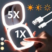 Resim 1 adet çift ışık 3 renkli LED makyaj aynası, manyetik bağlantıya sahip 1X ve 5X cep ayna, ayarlanabilir parlaklık, 5x büyütme mini seyahat iki taraflı katlanabilir el tipi LED ayna, seyahat, ev, ofis hediyesi veya tatil için uygun 