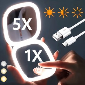 Resim 1 adet çift ışık 3 renkli LED makyaj aynası, manyetik bağlantıya sahip 1X ve 5X cep ayna, ayarlanabilir parlaklık, 5x büyütme mini seyahat iki taraflı katlanabilir el tipi LED ayna, seyahat, ev, ofis hediyesi veya tatil için uygun 