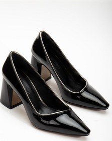 Resim Rugan Yan Yüzlü Gold Biyeli Siyah Kadın Kalın Topuklu Stiletto-3115-sıyah Siyah 