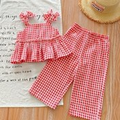 Resim Kız Bebek 2'li Yazlık Sevimli Ekose Yaka Yelek ve Elastik Bel Pantolon Dış Mekan Günlük Moda 
