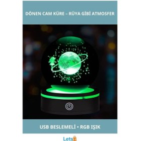 Resim Usb'li Dönen Cam Küre Tasarımlı Gece Lambası Satürnlü Kız Çok Renkli 