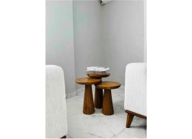 Resim Sezbil Ahşap 3’lü Set Fitilli Mantar Yan Sehpa Modern Ceviz Renk Fiskos 