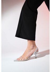 Resim Luvishoes Nelson Gümüş Şeffaf Kadın Sivri Burun Arkası Açık İnce Topuklu Ayakkabı Gumus 