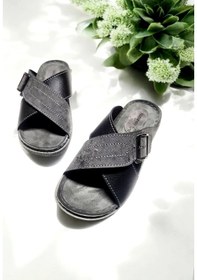 Resim Erkek Deri İç Taban Tokalı Ayarlanabilir Yumuşak Ev Ve Dışarı Terliği Lacivert 