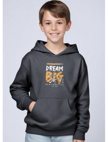 Resim Panios Kids Kapüşonlu Kanguru Cepli Big Dream Baskı Detaylı Erkek Çocuk Sweatshirt Füme 