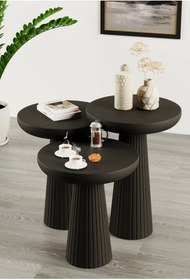 Resim Simillo Home&Living Wooden Siyah Ahşap 3’lü Set Fitilli Mantar Yan Sehpa Modern Siyah Renk Fiskos 