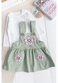 Resim Babymod Çicekli Kedi Nakışlı %100 Pmuklu Kız Bebek Salopet Elbise Jile Yeşil 