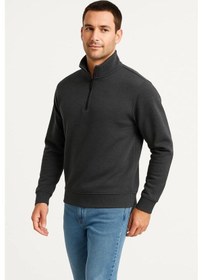 Resim Barlashive Erkek Dik Yaka Yarım Fermuarlı 3 İplik Pamuklu Sweatshirt - Antrasit Çok Renkli 