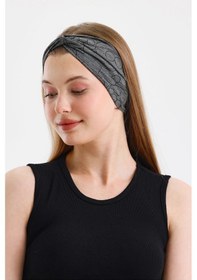 Resim Butik Çapraz Bağlamalı Kadın Bandana Saç Bandı, Kaymaz Yumuşak Esnek%100 Pamuklu Penye - Tek Ebat / Füme Figürlü Füme Figürlü 