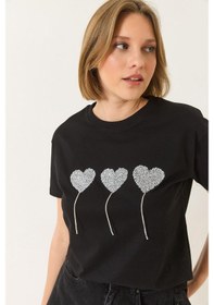 Resim Shade Kadın Taşlı Kalp Detaylı Kısa Kollu Pamuklu T-shirt 60602038 - Siyah 