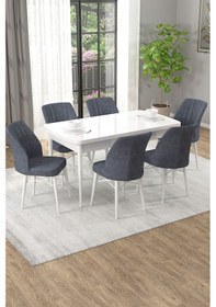 Resim Arel Beyaz 80x132 Açılabilir Mdf Masa Yemek Odası Takımı, Mutfak Takımı 6 Adet Sandalye Beyaz Masa - 6 Füme - Beyaz Ayak 