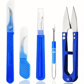 Resim 5'li Mavi Dikiş Çözücü Seti, Güvenlik Toplu Başlıklı - Dayanıklı Metal & Plastik Dikiş Çözücüler ve Makaslar, Nakış & Kumaş İşçiliği için Taşınabilir Dikiş Çıkarma Araçları, İplik Çözücü Dahil 