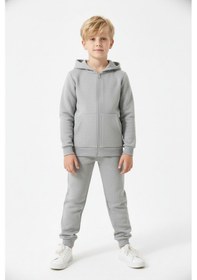 Resim Fyk Kids 3 İplik Kışlık Şardonlu Düz Baskısız Fermuarlı Kapüşonlu Erkek Çocuk Eşofman Takımı Gri 