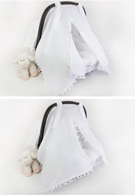 Resim 3lu Puset Ortusu/bebek Araba Ortusu - Puset Minderi - Puset Carsafi Beyaz Muslin Ponponlu 