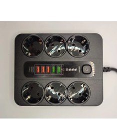 Resim Akım Korumalı 6'lı Grup Priz, 5'li USB Şarj,1 Adet Type-C Şarj Girişi, 2 M KABLO,3000W (Siyah) 