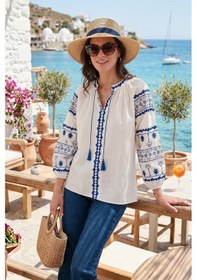 Resim Lela Nakış Işlemeli Pamuklu Oversize Fit Bağlamalı V Yaka Bayan Bluz 676271 Ekru 