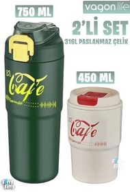 Resim Vagonlife 2'li Çelik Termos-Kahve Bardağı Seti 750ML Çift Kullanım Termos//450ML Mug Kahve Bardağı 