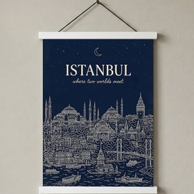 Resim Istanbul Line Art Print - Navy Bosphorus Skyline Hagia Sophia Wall Art - With Hanger - White / 20 x 28" (50x70 cm) 