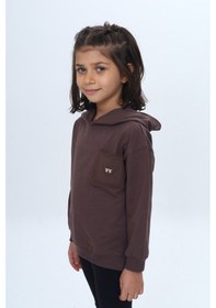 Resim Kız Çocuk Relax Fit Kapüşonlu Düşük Omuz Nakışlı Sweatshirt - Cep Detaylı Mor 