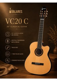 Resim Valares Vc20cn Kesik Kasa Klasik Gitar Natürel 38 İnç 4/4 Yetişkin Üst Segment Çanta Capo Askı Pena Tuner 