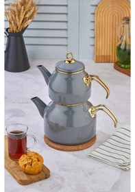 Resim Emaye Özel Tasarım Yapışmaz Yüzey Büyük Boy Demlik Seti Emaye Çaydanlık Üst 1.4 L Alt 2.6 L Gri 