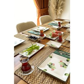 Resim Kaktüs Temalı 14 Parça Kahvaltı Takımı 6 Kişilik El Boyaması Porselen Set 