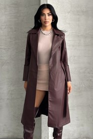 Resim moda armanc Kadın Deri Trençkot - Uzun Kuşaklı Şık Mevsimlik 