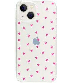 Resim butikcase Iphone 13 Mini Minik Kalpler Pembe Desenli Şeffaf Telefon Kılıfı 