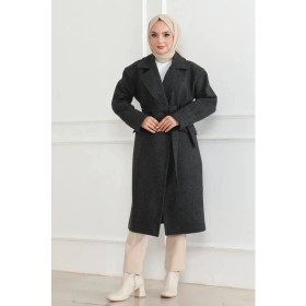 Resim Lunelis Kaşe Kaban Uzun Boy 115 cm Kruvaze Yaka Kuşaklı Astarlı Tesettür Kaban Yünlü - Siyah 