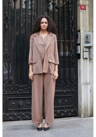 Resim Kadın Süet Dokulu Kumaş Yakalı Capri Kol Cep Kapaklı Blazer Ceket-vizon VİZON 