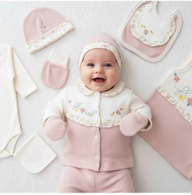 Resim Milays 0-3 Ay Kız Bebek %100 Organik Pamuk Çiçek Nakışlı 10 Lu Hastane Çıkış Zıbın Seti Pudra 