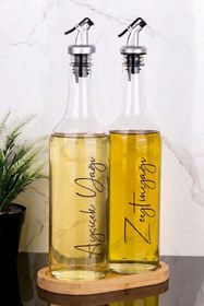 Resim Dolkin Home 2li 750 ml Bambu Standlı Ayçiçek Yağı ve Zeytinyağı Yağlık Sıvı Yağ Şişesi Gri Tıpalı Cam Yağdanlık 
