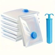 Resim 6 adet Vakumlu Saklama Torbası ve 1 Manuel Pompa, Taşınabilir Plastik Seyahat Torbası Giysi Saklama Torbası, Battaniyeler, Yatak Örtüleri, Giysiler, Yorganlar, Duvets için Uygun, İdeal Ev Malzemeleri, Olmazsa Olmaz Depolama Alan Tasarrufu Torbası 