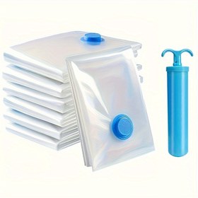 Resim 6 adet Vakumlu Saklama Torbası ve 1 Manuel Pompa, Taşınabilir Plastik Seyahat Torbası Giysi Saklama Torbası, Battaniyeler, Yatak Örtüleri, Giysiler, Yorganlar, Duvets için Uygun, İdeal Ev Malzemeleri, Olmazsa Olmaz Depolama Alan Tasarrufu Torbası 