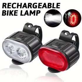 Resim 2 Adet LED Çok Fonksiyonlu USB Şarj Edilebilir Bisiklet Ön ve Arka Lamba Seti, Taşınabilir Mini Eller Serbest El Feneri ile Kırmızı Yanıp Sönen Uyarı Işığı, ABS Malzeme Bisiklet Aydınlatması 