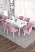 Resim Canisa Eva Serisi 80x132 Açılabilir Mdf Mutfak Masası Takımı Beyaz Masa 6 Pembe Sandalye 