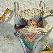 Resim Modaya uygun yeni varış tartan askısız bikini, dantelli detaylı - Orta esneklik, ruched tasarım, renkli desen, plaj ve havuz için ideal, plaj kıyafeti | Tartan desen | Esnek kumaş 
