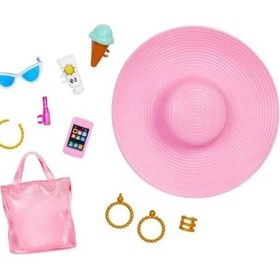 Resim Barbie Mayosu Ve Plaj Temalı Aksesuarları Olan Sarışın Bebek, Pembe Ve Beyaz Mayosu, Şapkası, El Çantası Ve Plaj Temalı Aksesuarları Olan Sarışın Barbie Bebek, Hpl73 