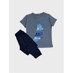 Resim Aliş Kids Erkek Çocuk Pamuklu Füme Lacivert Kaykay Desenli Kısa Kollu Yazlık Pijama Takımı 